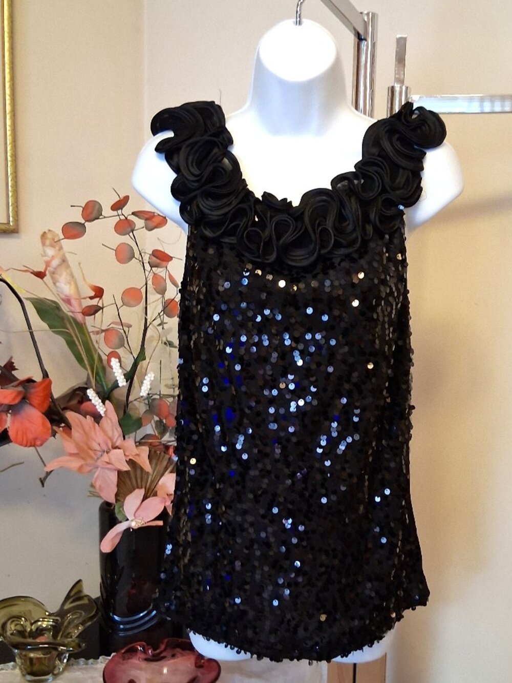 NWOT NESS Luxury Ruffle Flowy Black Sparkle Shimmer Camisole Elegant Sequin Top